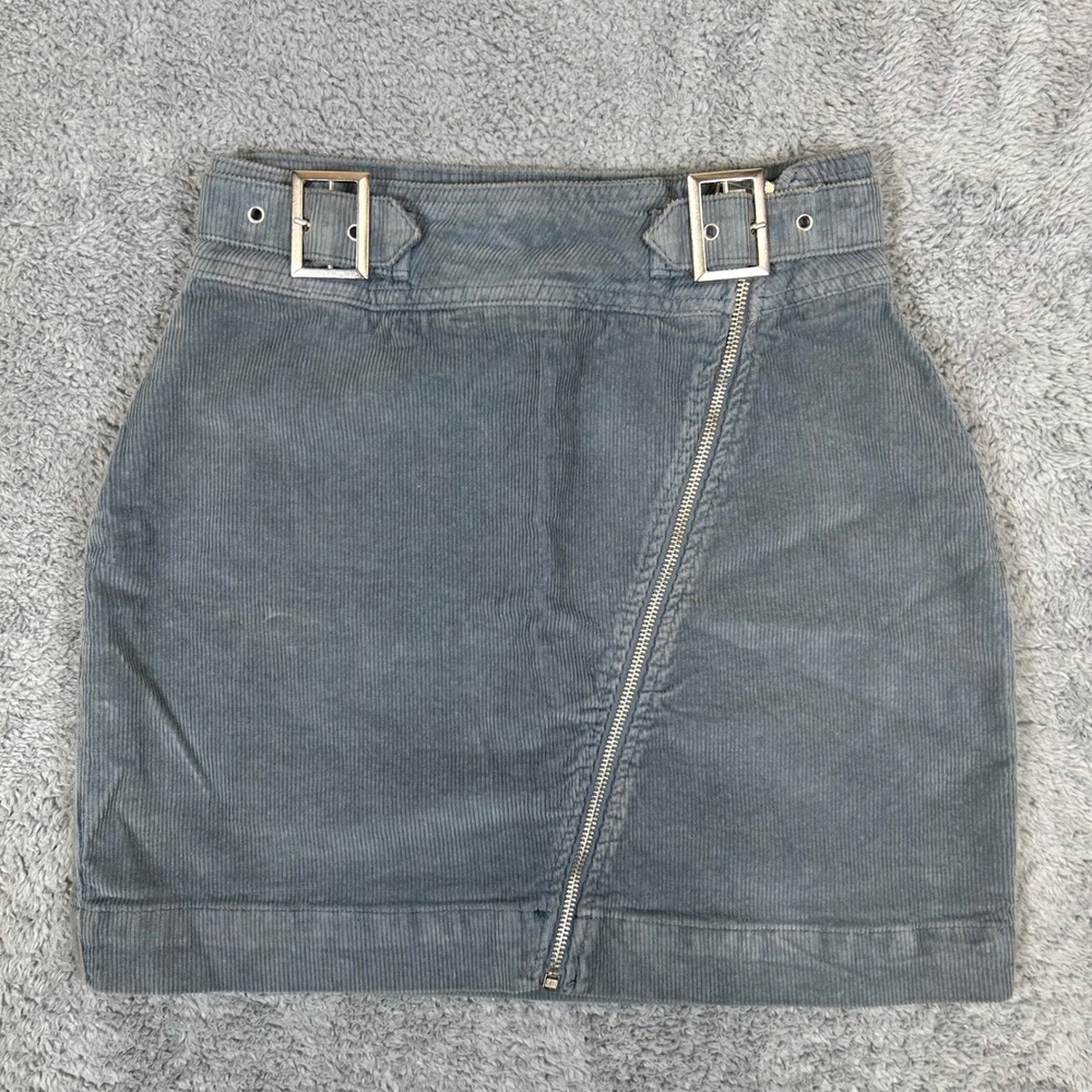 Urban Outfitters Blue Gray Corduroy Asymmetrical Zip Mini Skirt Buckle Waist S